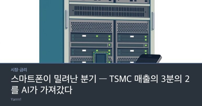 A large server rack cabinet with a processor chip in the foreground and a small smartphone pushed to the edge