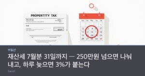 A property tax notice envelope, a wall calendar with the last day of the month circled, and a small house model