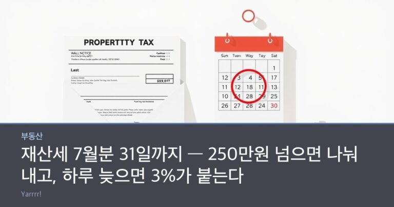 A property tax notice envelope, a wall calendar with the last day of the month circled, and a small house model