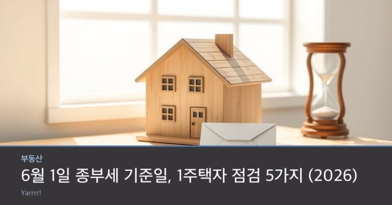 A small wooden house model on a bright table beside an hourglass and a single sealed envelope