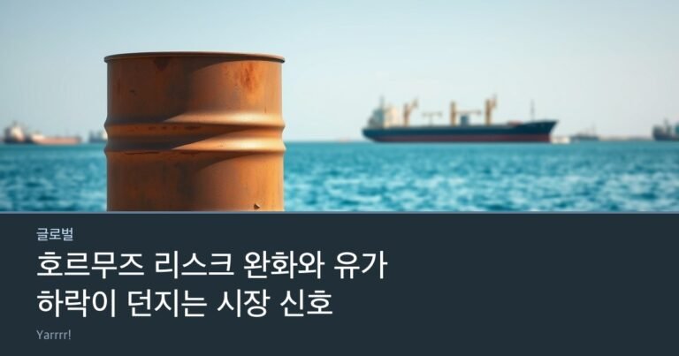 A rusty oil drum on a bright dock beside coiled mooring rope and a distant cargo tanker on calm water