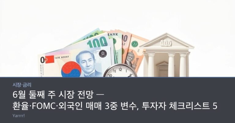 Korean won and US dollar banknotes fanned out beside a small clock and a bank building model