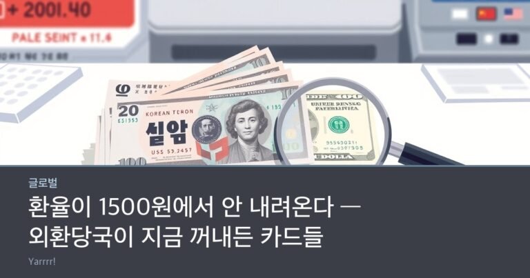 A pile of Korean won bills beside US dollar bills and a magnifying glass on a bright currency exchange desk