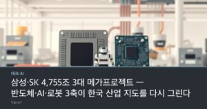 A silicon wafer, a small robot figure, and a circuit board arranged together on a bright industrial desk