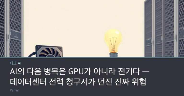 A computer GPU chip beside a large coiled power cable and a glowing light bulb on a bright server room desk