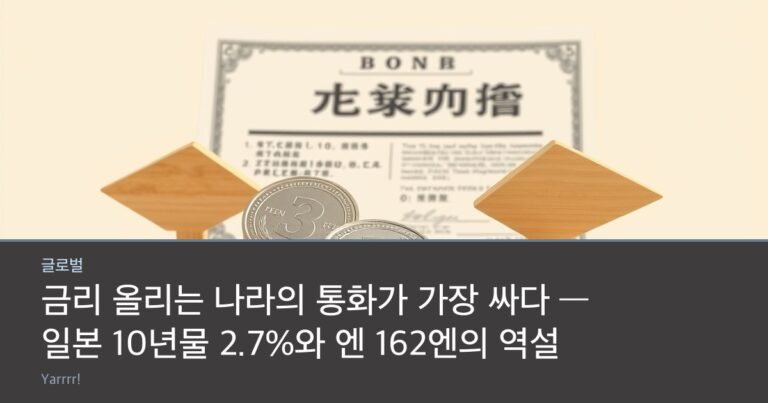 A stack of Japanese yen coins beside a bond certificate and two wooden arrows pointing opposite directions on a desk