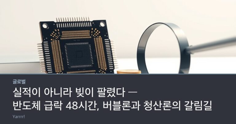 A silicon wafer and computer chip on a bright desk beside a small toppling stack of coins and a magnifying glass