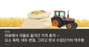 A torn sack of fertiliser granules, a heap of loose grain and a small tractor behind them