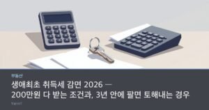 A brand-new house key with a paper tag, a desk calculator and a folded document on a counter