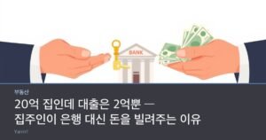 Two open hands passing a house key and a bundle of banknotes directly to each other, with a small bank building far behind them.
