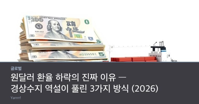 Korean won banknotes and US dollar bills stacked beside a small toy cargo ship and shipping containers