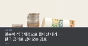 Stacks of Japanese yen coins and Korean won banknotes connected by a winding paper ribbon on a clean table