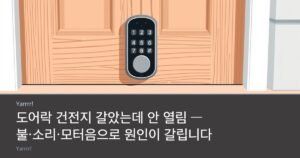 A digital door lock keypad on a wooden front door beside four loose AA batteries and a small screwdriver, bright daylight