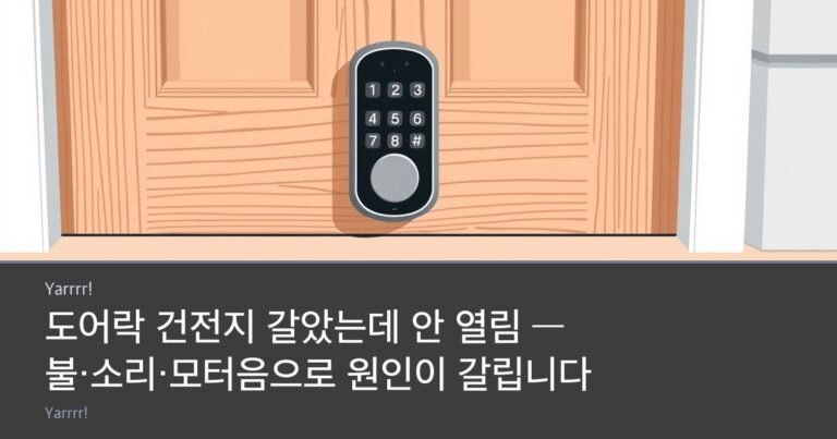 A digital door lock keypad on a wooden front door beside four loose AA batteries and a small screwdriver, bright daylight