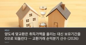 Two small wooden house models facing each other beside a pair of keys and a glass hourglass on a bright wooden table