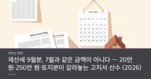 Two paper notices lying side by side on a wooden table beside a wall calendar, a small house model, and a shallow tray of bare soil