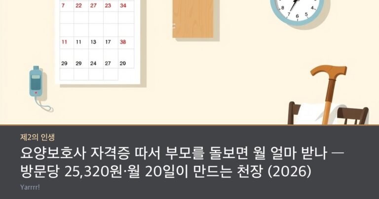 A wall calendar marked with twenty small ticks, a home blood pressure monitor, a folded cotton apron, and a wooden cane resting on a chair