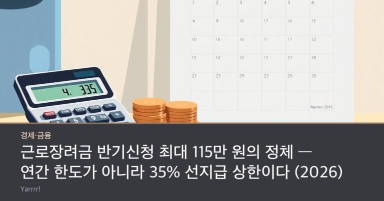 A pocket calculator beside two unequal stacks of coins and a paper wall calendar on a bright wooden desk