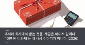 A gift box wrapped in traditional Korean cloth beside a plain paper envelope and a pocket calculator on a bright table