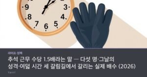 A round wall clock, a folded pair of work gloves, and a plate of small half-moon rice cakes on a bright wooden table